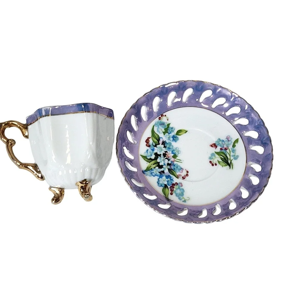 Vintage Footed Iridescent Purple Floral Teacup Saucer Set Reticulated Porcelain